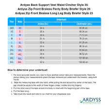 sizing chart for ardyss back support vest waist cincher