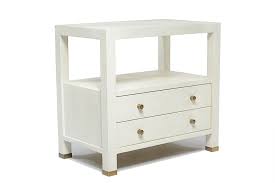 Transitional style nightstand featuring three storage drawers and white shagreen finish with brushed gold ring pulls. Alden Pristine White Faux Shagreen Nightstand Mecox Gardens
