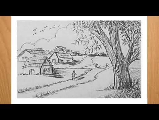 How to draw a village scenery with ball pen || Ball pen drawing || VJB Drawing Place