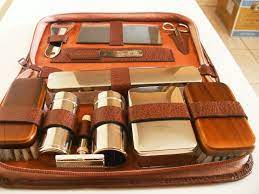 Brown Leather Men S Travel Grooming Kit Vintage West Germany Wood Boar Bristle Brushes Chrome Containers Nail Tools Shaving Brush Mirror Grooming Kit Mens Travel Mens Accessories