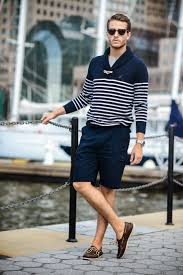 Black And White Horizontal Striped Shirt Mens Men S Navy And White Horizontal Striped Shawl Neck Sweater Grey Crew Neck T Shirt Navy Shorts Dark Brown Leather Boat Shoes Mens Outfits Sailor Outfits Stylish Men