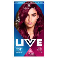 The outcome of your hair color can change due to a few factors, like the color you're starting off with and your hair's condition. Schwarzkopf Live Intensive Color Plus Lift Ultra Violet Hair Dye Tesco Groceries