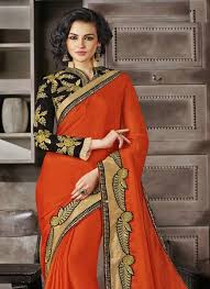 Black And Red Combination Designer Saree Beautiful Color Combination Just Love This Saree Orange And Black Designer Saree Buy It Now Fro Party Wear Sarees Online Saree Designs Party Wear Sarees
