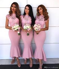 Special Tea Length Pink Bridesmaid Dresses See Through Lace Top Cap Sleeve Mermaid Maid Of Honor Gowns After Six Bridesmaid Dresses Aqua Bridesmaid