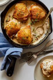 Crispy Chicken Thighs In A Creamy Mushroom Sauce Recipe Crispy Chicken Thighs Stuffed Mushrooms Mushroom Sauce