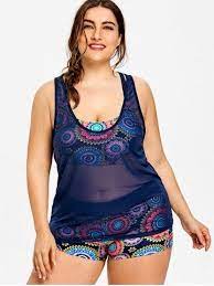 Printed Plus Size Bikini With Mesh Tank Top Plus Size Tankini Plus Size Bikini Printed Beachwear