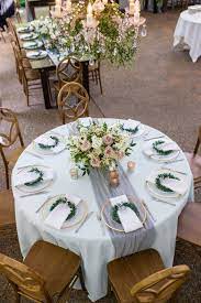 A Romantic Garden Wedding In Blue And Grey May 19 Round Wedding Tables Wedding Table Settings Romantic Garden Wedding