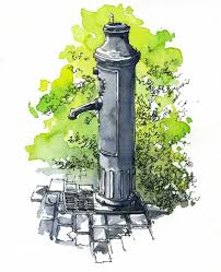 Fontaine Du Jardin Du Gros Caillou Lyon France Watercolor Architecture Urban Sketching Watercolor Landscape