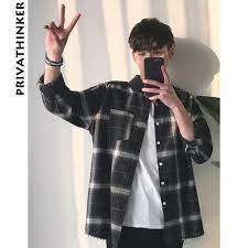 Privathinker Spring Oversized Long Sleeve Shirt Men Women Casual Plaid Flannel Burr Shirts Harajuku Male Strip Shirts Kemeja Pria Kemeja Pria Outfit with flannel or plaid shirt for men and women. kemeja pria