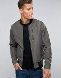 Asos Bomber Jacket With Zip Chest Pocket In Khaki Mens Leather Bomber Jacket Bomber Jacket Jackets Men Fashion