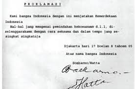 Ini merupakan hasil ketikan dari konsep naskah proklamasi yang ditulis tangan oleh soekarno pada secarik kertas blocknote pada tanggal 17 agustus 1945 dini hari. Sejarah Singkat Dan Isi Teks Proklamasi Kemerdekaan