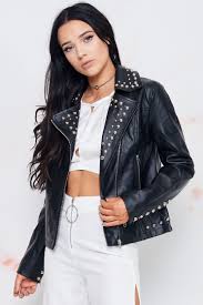 A Faux Leather Moto Jacket Embellished With Round Studs And Rose Embroidery Patches On The Sleeves And Back C Faux Leather Moto Jacket Featuring Dress S Girls