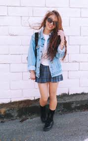 Black And White Plaid Skirt And Jacket White Shirt Oversized Jean Jacket Plaid Skirt Black Boots Oversized Jean Jacket Fashion Plaid Skirts
