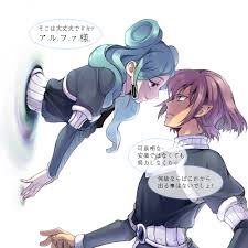 alpha (inazuma eleven), beta (inazuma eleven), inazuma eleven, inazuma  eleven (series), inazuma eleven go, inazuma eleven go chrono stone,  translation request, 1boy, 1girl, aqua hair, long hair, protocol omega,  purple eyes, purple