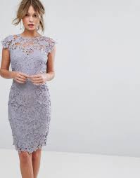 Paper Dolls Midi Lace Dress With Scalloped Back Gray Cocktail Bridesmaid Dresses Guest Dresses Guest Attire