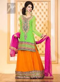 Bright Green Shirt Orange Lehenga Pink Dupatta For Mehndi Orange Lehenga Pakistani Bridal Wear Pakistani Mehndi Dress