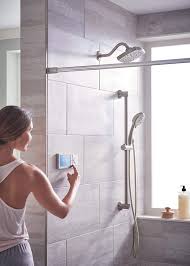 Control The Shower With Soft Touch Buttons That Operate Two Outlets Plus Power Temperature And Preset Selection Moen Shower Digital Showers Shower Controls