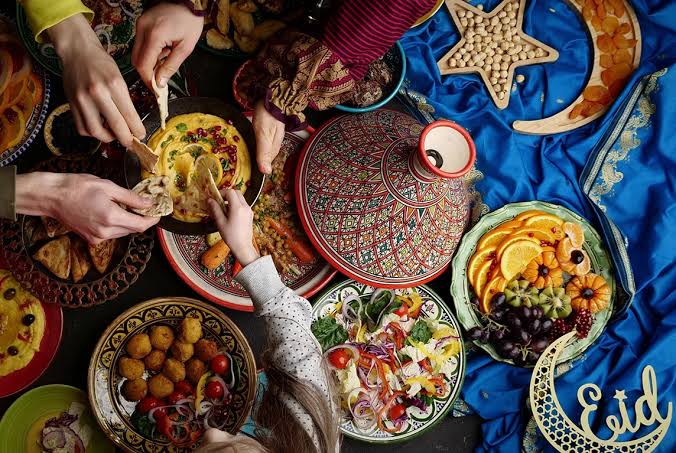 Communal feast shared during Eid celebrations.