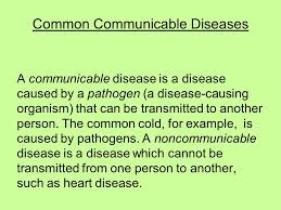 Communicable diseases are the diseases which are caused by the direct contact with the person suffering from that disease or by using his things which have the germ of that disease,like his towel,etc. Common Communicable Diseases Ppt Video Online Download