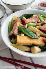 Stir Fried Leeks With Roast Pork And Bean Curd Healthy Asian Dinner Pork Roast Healthy Dinner