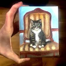 Tabby Cat Hand Painted Small Canvas Pet Portrait Wall Decor 4 Inches By 5 Inches Ready To Hang Small Canvas Painting Portrait Wall