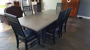 After From Cherry Finish To Classic Gray Stained Top With Off Black Trestle Base And Chairs Chairs Reupholestered In Gunmet Table Makeover Chair Grey Stain