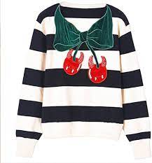 Amazon.co.jp: WZHZJ 光沢のある装飾的なストライプデビルチェリー弓プリントセーター女性ニッチ秋 (Color : A, Size :  One code) : ファッション