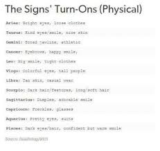 People say this a lot, but i don't see it. The Signs Turn Ons Physical Aries Bright Eyes Loose Clothes Taurus Kind Eyessmile Nice Skin Gemini Broad Jawline Athletic Cancer Eyebrows Happy Smile Leo Big Smile Tight Clothes Virgo Colorful Eyes Tall People