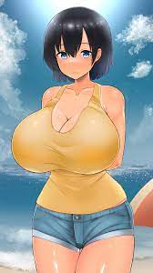 zabutonex, natsuhara hazuki, summer inaka no seikatsu, highres, 1girl,  2022, arms behind back, beach, black hair, blue eyes, breasts, cleavage,  closed mouth, collarbone, denim, denim shorts, frown, hair between eyes,  huge breasts,
