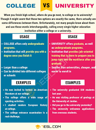 College Vs University Useful Differences Between College And University 7 E S L Learn English Grammar Learn English Vocabulary Confusing Words