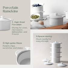 Lovecasa stoneware baking ramekins with lids, 8.1 ounce ramekins bowls with lid souffle dishes for baking, covered round casserole, oven safe mini casserole dish set with lid, set of 4. White Set Of 4 Dowan Porcelain Ramekins With Lid For Baking Mini Casserole With Lid 8 Oz Souffle Dish Oven Broiler Safe Stackable Ramekins With Cover And Handle For Creme Brulee Home