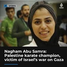 Gaza's beloved karate champion, Nagham Abu Samra, was in line to  participate in the Olympics until an Israeli attack left her amputated and  eventually took her life.⁠ .⁠ 🔗Tap the link in