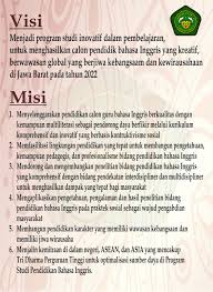 Terwujudnya insan yang cerdas, berakhlak, professional dan berbudaya. Visi Dan Misi Program Studi Pendidikan Bahasa Inggris Website Resmi Program Studi Pendidikan Bahasa Inggris