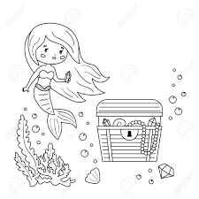 Keep your kids busy doing something fun and creative by printing out free coloring pages. Coloring Page For Children Cute Cartoon Mermaid With Underwater Treasure Chest Vector Kawaii Character Royalty Free Cliparts Vectors And Stock Illustration Image 147975532