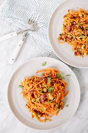 Chickpea Bacon Carbonara With Spiralized Sweet Potatoes Inspiralized Healthy Veggie Forward Recipes With A Bit Of Motherhood Realness Recipe Sweet Potato Spiralizer Recipes Spiralized Sweet Potato Spiralizer Recipes
