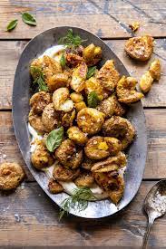 Crispy Salt And Vinegar Smashed Potatoes Half Baked Harvest Recipe Harvest Recipes Potato Side Dishes Half Baked Harvest Recipes