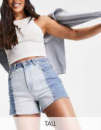 Stradivarius Contrast Two Tone Denim Shorts With Raw Hem In Blue Asos