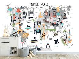 Kids World Map Temporary Wallpaper Animal World Map Removable Etsy Kids World Map Kids Wall Murals Map Wall Mural