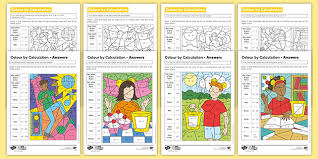 The math worksheets include exercises such as subtraction, addition, and multiplication. Ks2 Bbc Children In Need Colour By Calculation Maths Differentiated Worksheets Bbc Children In Need