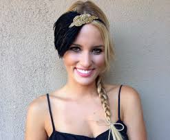 1920s Flapper Headband: Black Feather, Gold Art Deco Beaded Hair Accessory 