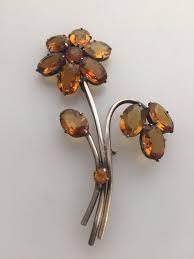1940s Vintage Sterling Silver Flower Pin Flower Brooch Silver Floral Bouquet Retro Pin Amber Glass Stones Faceted Glass Floral Pin Sterling Silver Flowers Vintage Sterling Silver Retro Jewelry