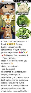 Goku's family are all named after root vegetables (burdock, negi, radish, and carrot). Ti Dbz Exclusives E 6 Saiyan S Dbz Exclusives Cauliflower Caulifla Exclusi Cabba Cabbage Exclusives Japanese Forspinach Horenso Renso All Puns On The Same Kinda Food Repost With Saiyan Names