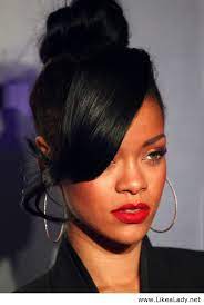 Rihanna High Bun Side Swept Bangs Rihanna Hairstyles Womens Hairstyles Hair Inspiration