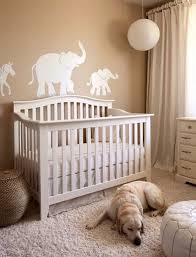 Horse And Two Elephants White Mural On Light Brown Wall Nursery Ideas For Girls And Boys Cream Colored Wooden Crib Baby Room Decor Wooden Cribs Baby Nursery