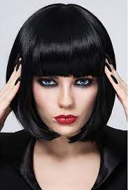 The hairstyle features short hair with one side of the head covered with heavy bangs. Amazon Com Bopocoko Black Bob Wigs For Women 12 Short Black Hair Wig With Bangs Natural Fashion Synthetic Wig Cute Colored Wigs For Daily Party Cosplay Halloween Bu027bk Beauty