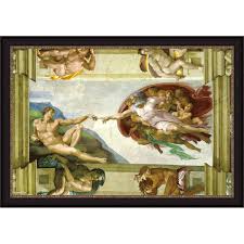 The construction of the chapel was launched in 1473 and the walls, ceiling and every part of the sistine chapel has paintings, pictures, artifacts, figures, or images which describe different stories in the bible. Sistine Chapel Ceiling Creation Of Adam By Michelangelo Buonarroti Giclee Print Oil Painting Black Frame Size 27 X 20