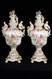 Antique sitzendorf dresden lace porcelain figurine. Pair Dresden Porcelain Encrusted Vases Urns Floral Figurines