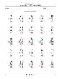 Suitable pdf printable addition worksheets for children in the following grades : Large Print Adding 2 Digit Numbers With Sums Up To 99 25 Questions A