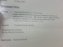 Elements of a complete female pelvic examination include a description and measurement of the uterus and adnexal structures, endometrium, bladder, and of any pelvic pathology (eg, ovarian cysts, uterine leiomyomata, free pelvic fluid). Ask A Gynecologist Online For Fibroids