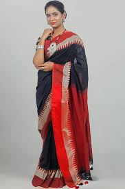 Buy Usha Sharee Black Temple Border Bhumri Saree With Running Blouse at  Amazon.in